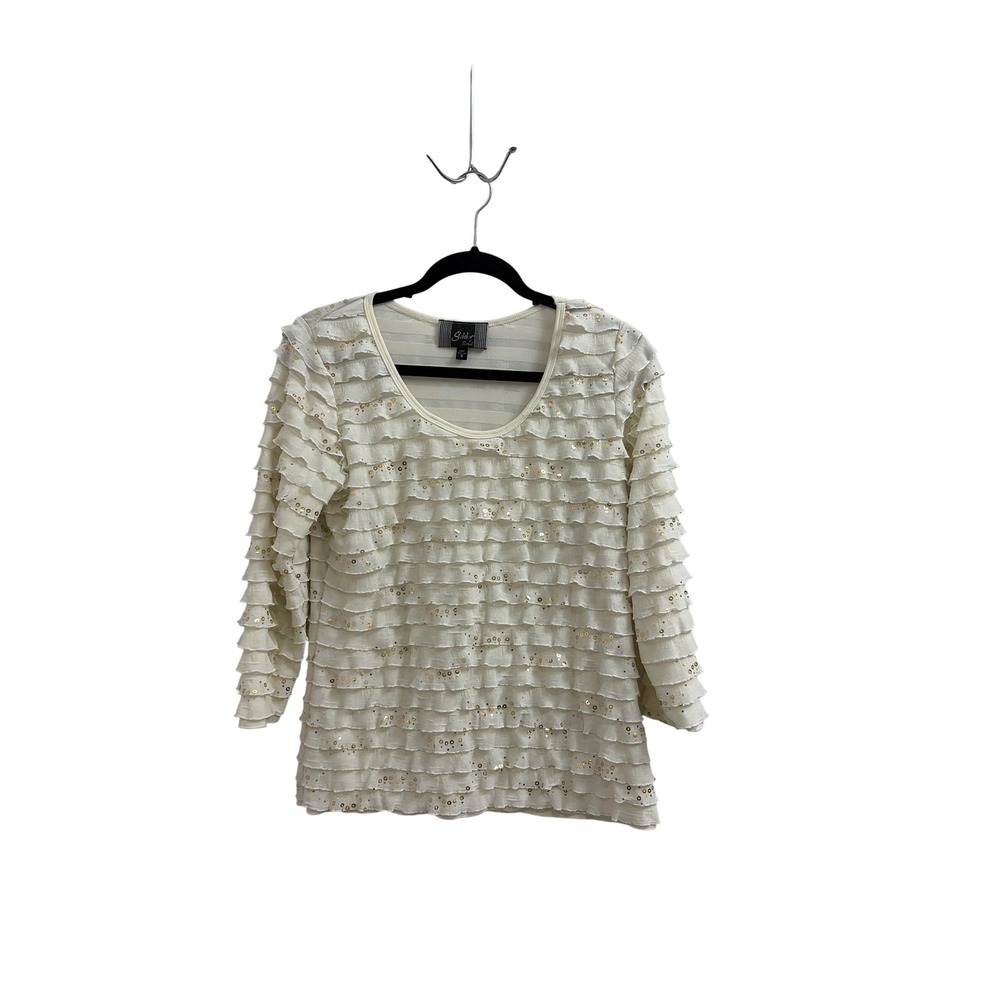 Slinky Brand Ivory Ruffled Sequin Top 3/4 Sleeve Scoop Neck Cream Small